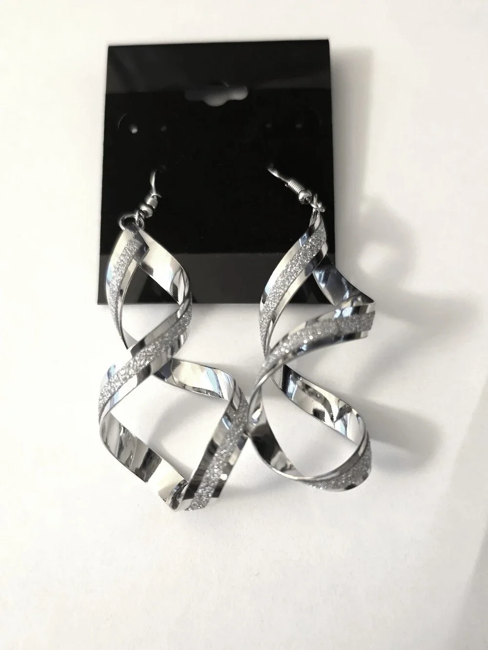 SilverToned Dangle Earrings Lightweight Shiney Textured Twisted Loop